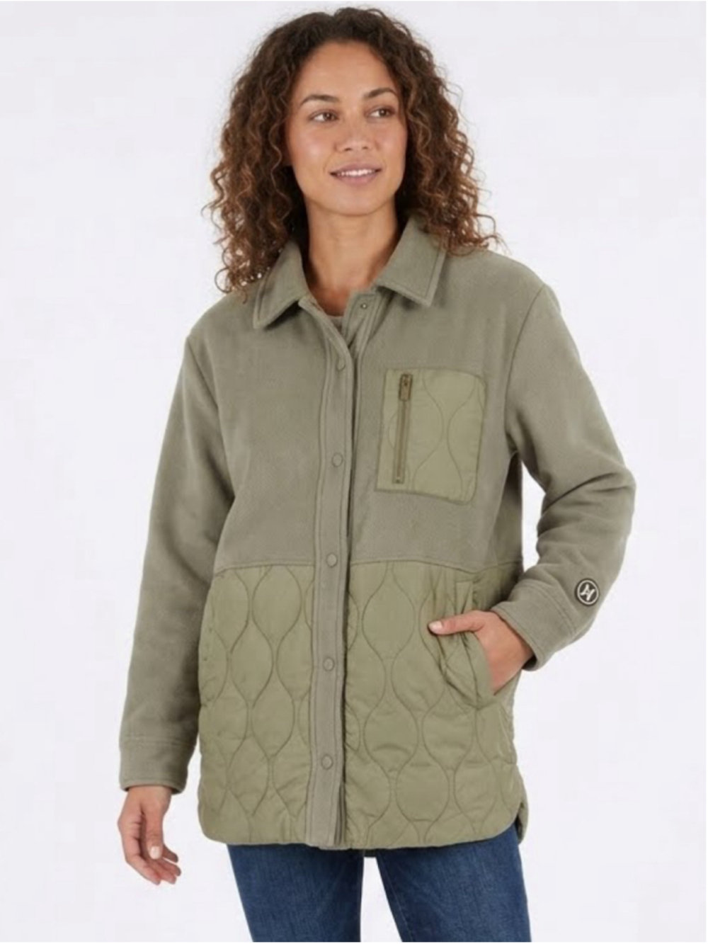 Women's Hurley Tilden Mixed Media Quilted Shacket Jacket Olive Green - Small
